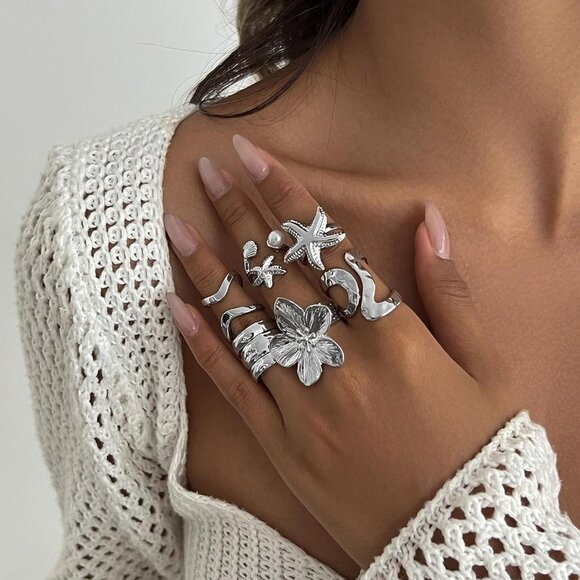 Women Silver Rings Set Stackable Knuckle Flower Pearl Chunky Statement Jewelry - Picture 3 of 7